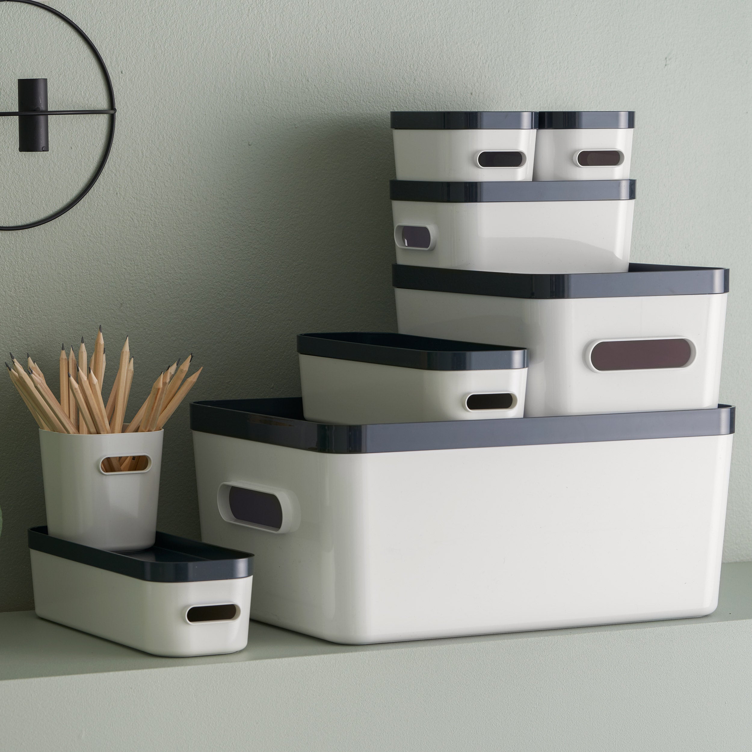 Medium Stacking Lidded Storage Box White Grey